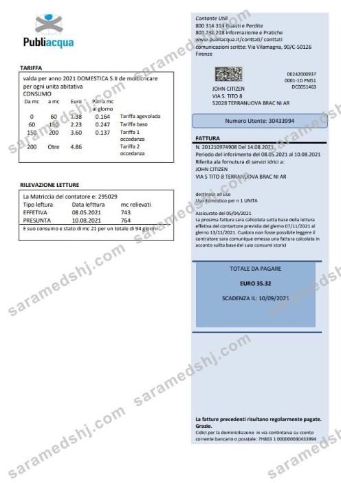Italy Publiacqua utility bill template in Word and PDF format